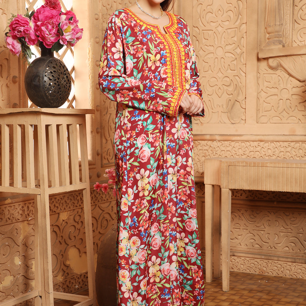 
                  
                    Ramadan Vestidos Ethnic Floral Print Kaftan Islamic Gown
                  
                