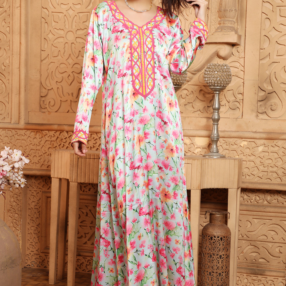 Floral Printed Jalabiya with Dori Threadwork Embroidery