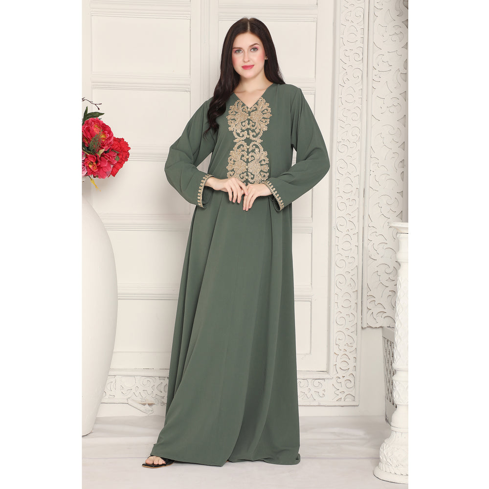 Gold Aari Embroidy Kaftan Jalabiya in Textured Green fabric