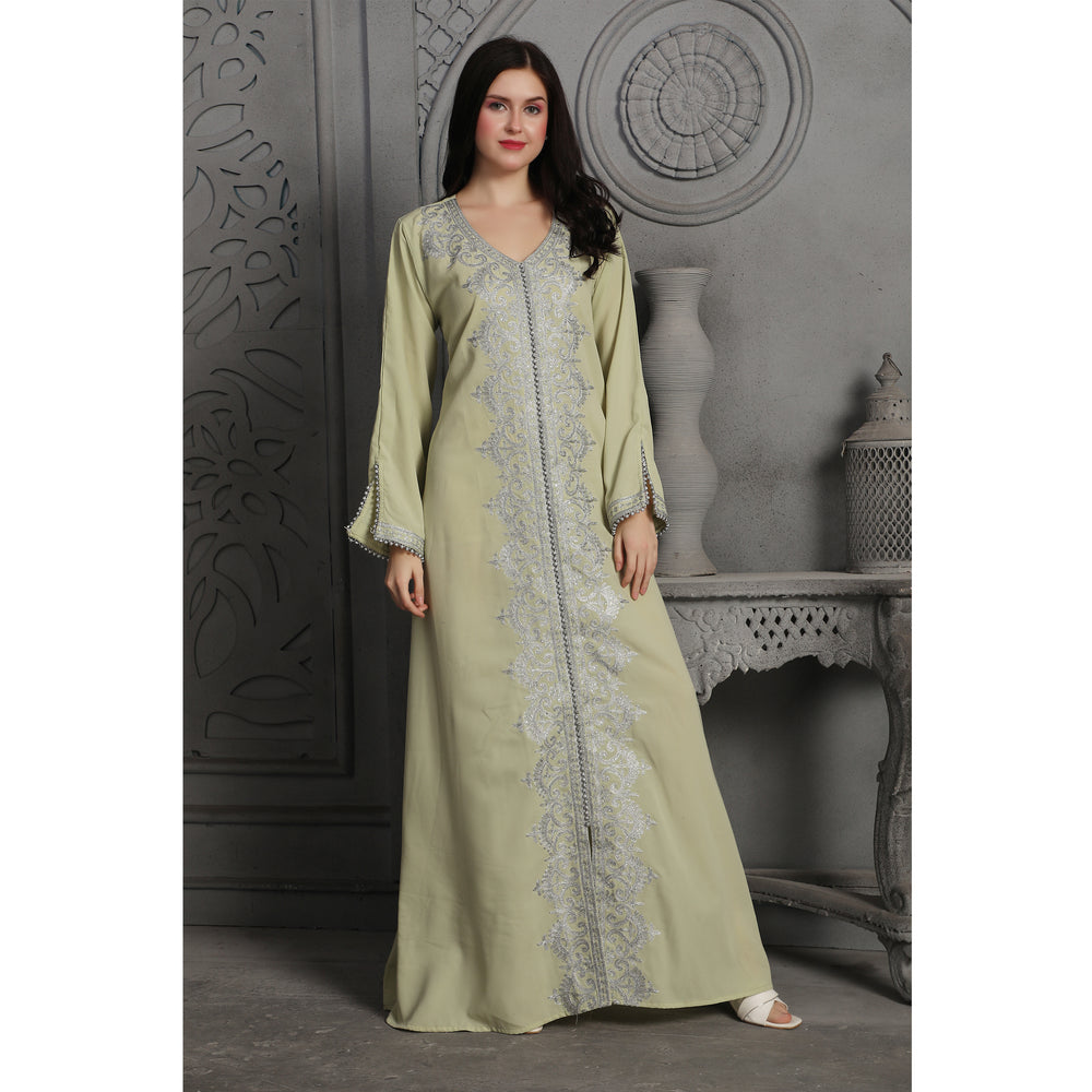 
                  
                    Intricate Silver Embroidery Dubai Kaftan Arabic Dress
                  
                