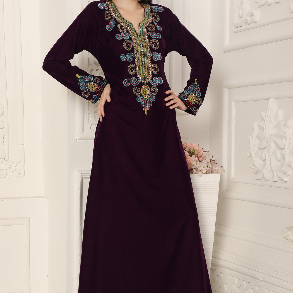 Velvet A-Line Kaftan With Colorful Crystals Hand Embroidery