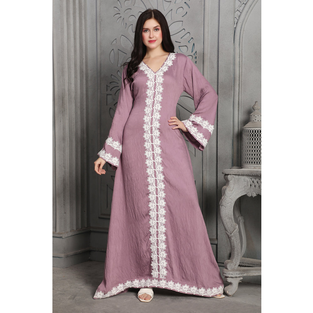 
                  
                    White Lacework Jalabiya Lilac Baby Pink Arabic Style Kaftan
                  
                