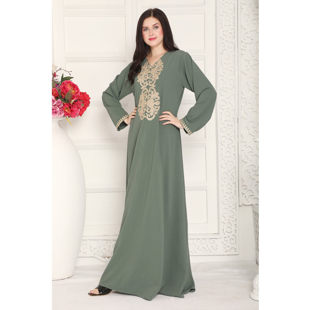 
                  
                    Gold Aari Embroidy Kaftan Jalabiya in Textured Green fabric
                  
                