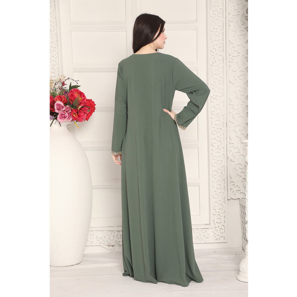 
                  
                    Gold Aari Embroidy Kaftan Jalabiya in Textured Green fabric
                  
                