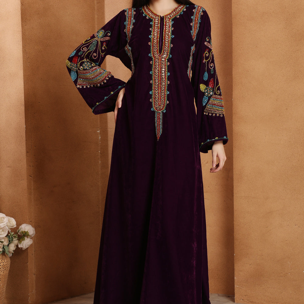 Designer Velvet Kaftan with Multicolor Embroidered Sleeves by Maxim Creation