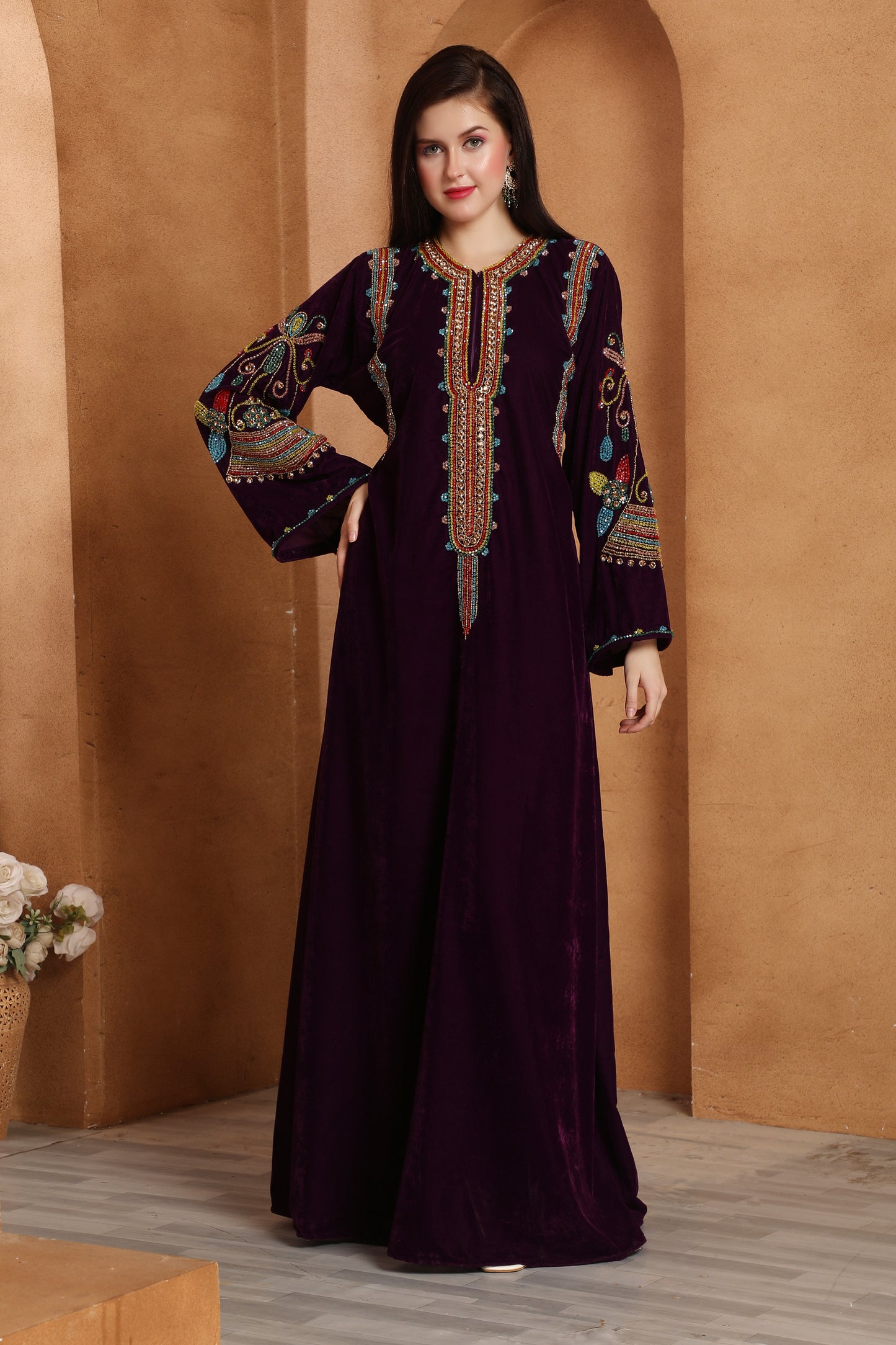 Designer Velvet Kaftan with Multicolor Embroidered Sleeves by Maxim Creation