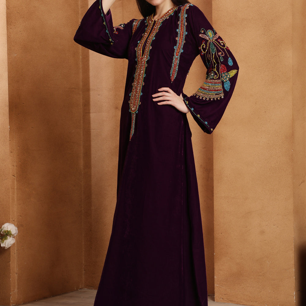 Designer Velvet Kaftan with Multicolor Embroidered Sleeves by Maxim Creation