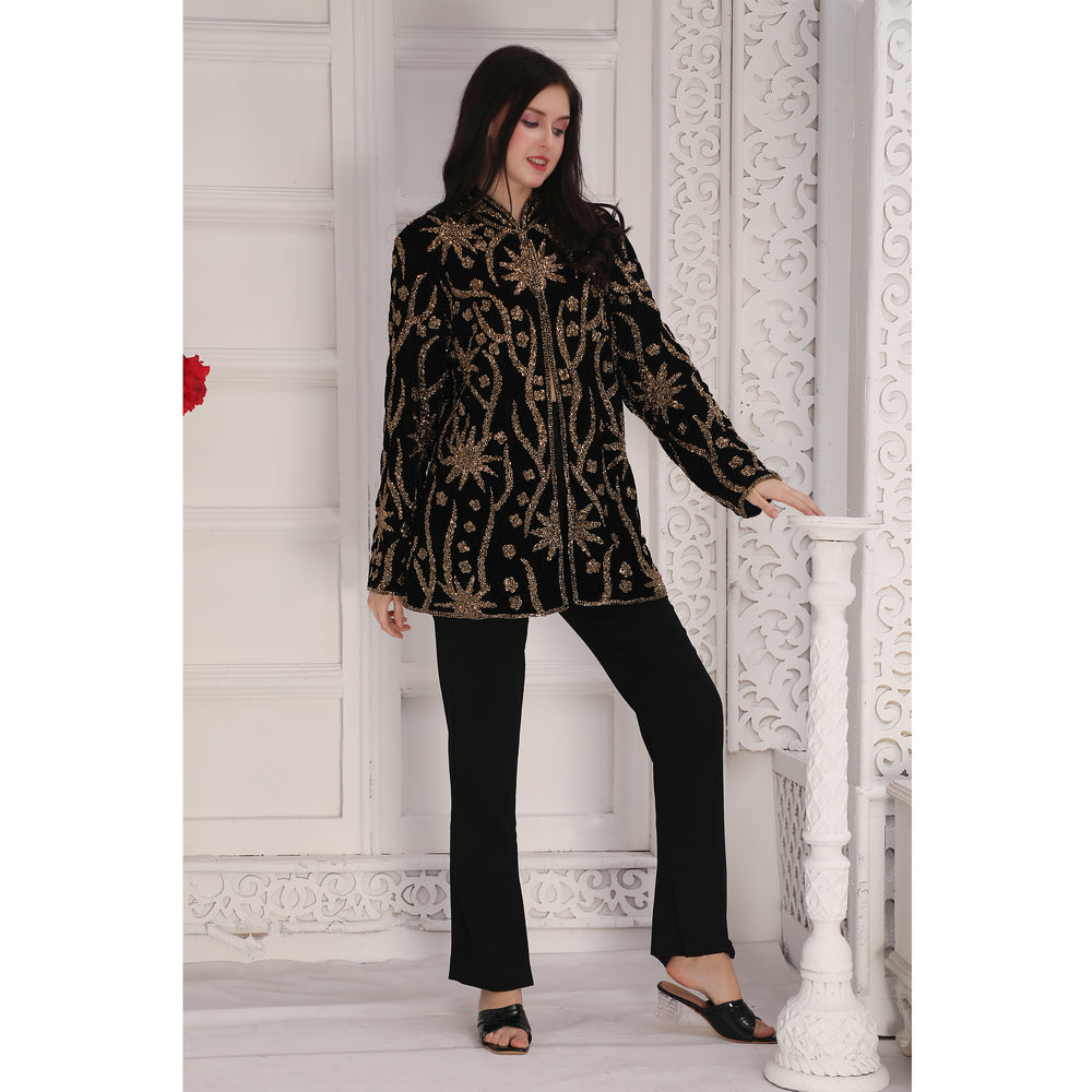 
                  
                    Designer Black Velvet Jacket with Golden Hand Embroidery (Top only)
                  
                