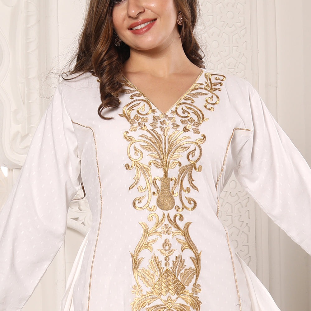 
                  
                    Designer Kaftan Rayon Maxi Dress with gold Threadwork embroidery
                  
                