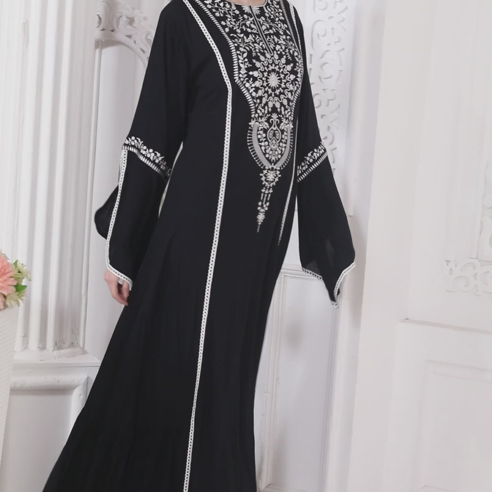 
                  
                    Load and play video in Gallery viewer, Black Designer Gown with White Floral Embroidery Big Flair Sleeves
                  
                