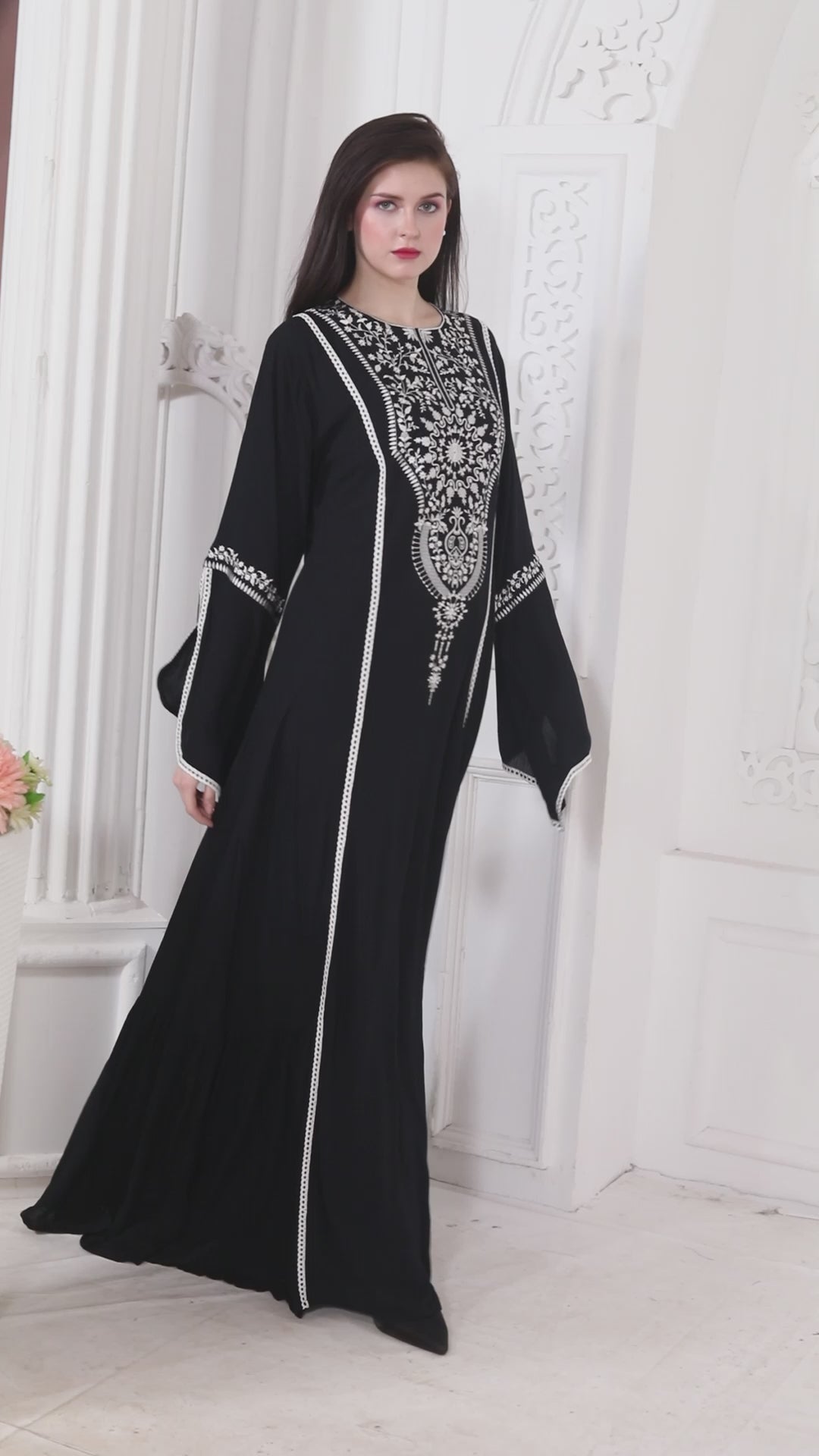 Black Designer Gown with White Floral Embroidery Big Flair Sleeves