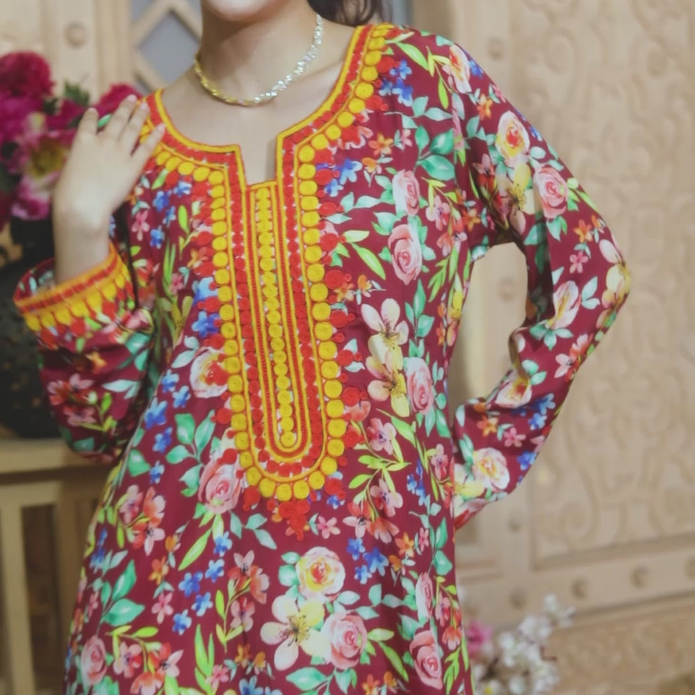 
                  
                    Load and play video in Gallery viewer, Occasional Vestidos Ethnic Mukhawar Red Floral Print Kaftan
                  
                