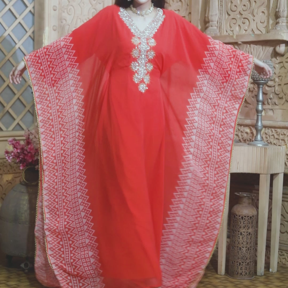 
                  
                    Load and play video in Gallery viewer, Hand Embroidered Georgette Printed Farasha Kaftan in Orange
                  
                