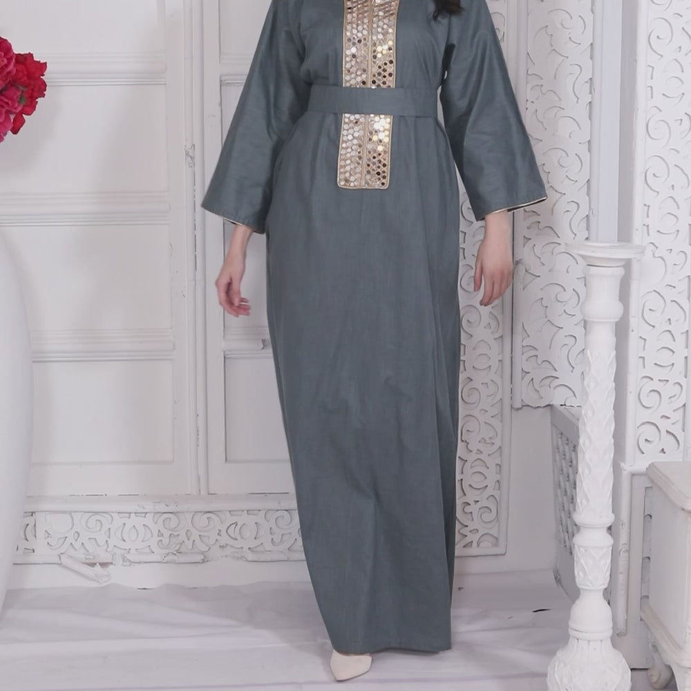 
                  
                    Load and play video in Gallery viewer, Gold Aari Embroidy Kaftan Jalabiya in Textured Green fabric
                  
                