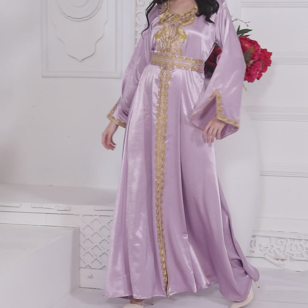 
                  
                    Load and play video in Gallery viewer, Gold Threadwork Embroidery Arabic Kaftan Farasha in Lilac Pink
                  
                