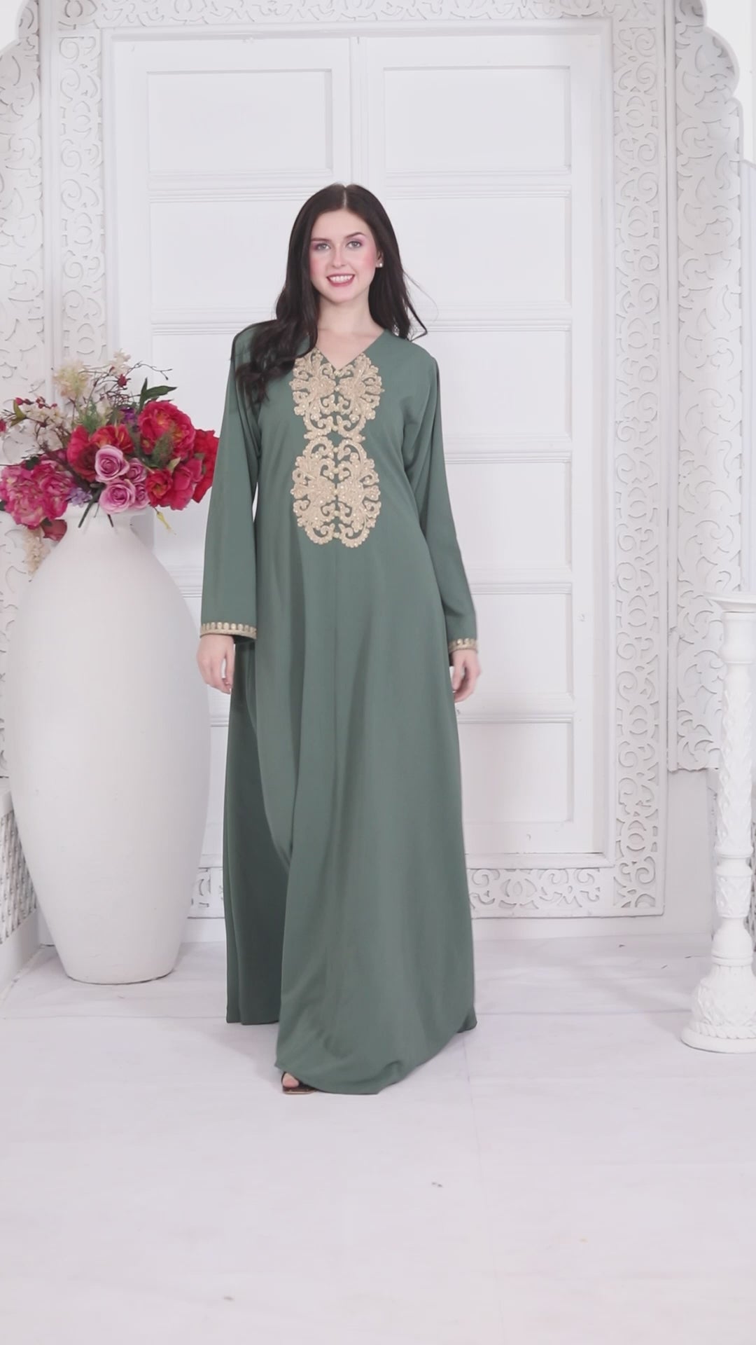 Gold Aari Embroidy Kaftan Jalabiya in Textured Green fabric