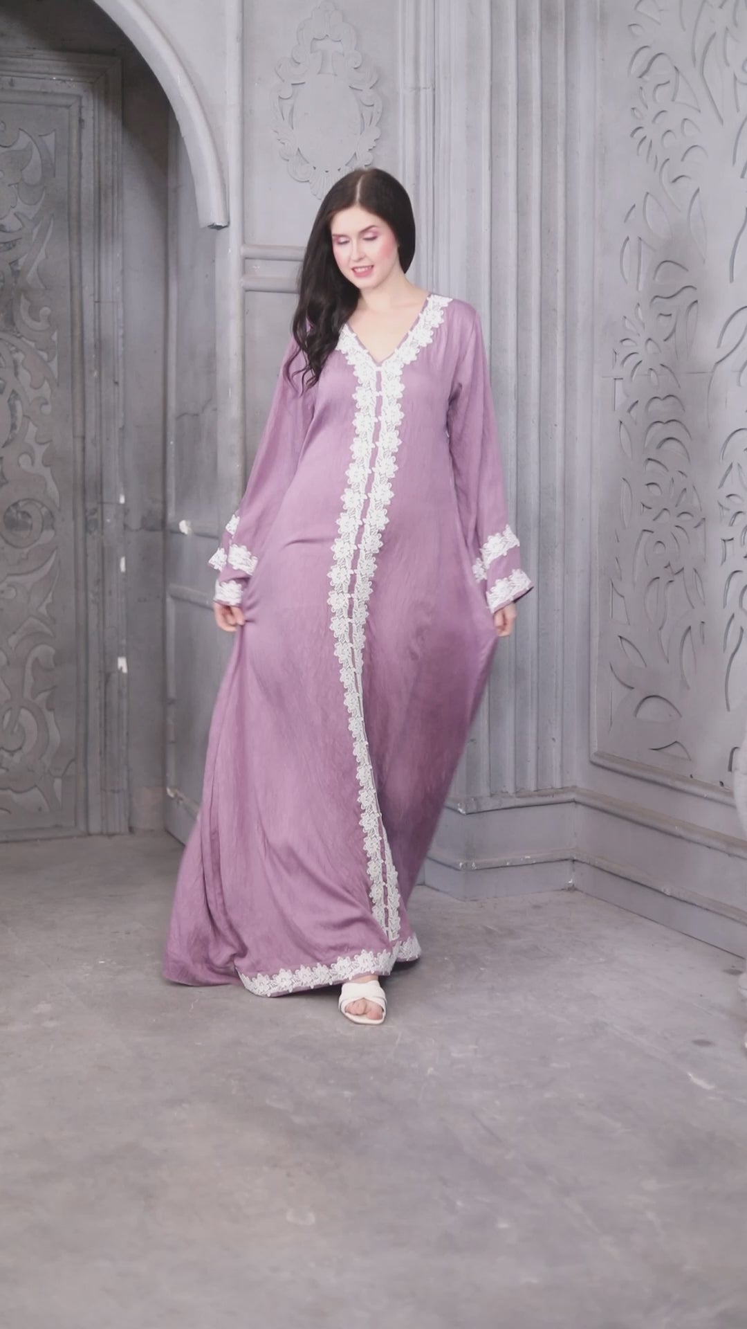 White Lacework Jalabiya Lilac Baby Pink Arabic Style Kaftan