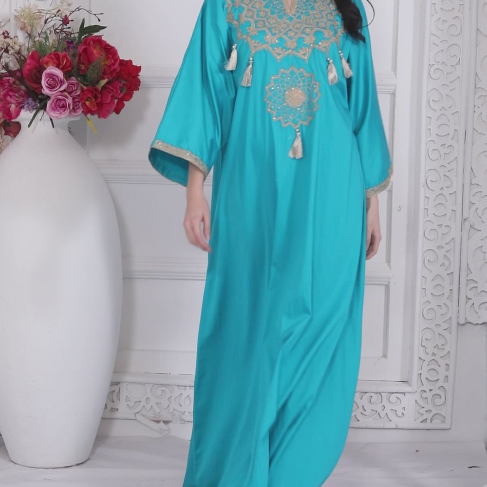 
                  
                    Load and play video in Gallery viewer, Phirozy Blue Arabic Style Kaftan Farasha with Tassels
                  
                