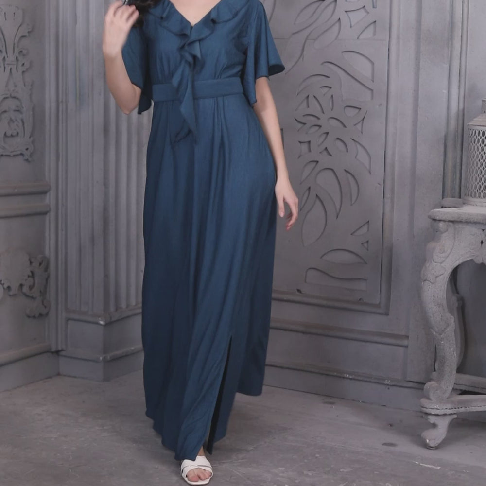 
                  
                    Charger et lire la vidéo dans la visionneuse de la galerie, Half Sleeve Dress with Frills in Deep Smoky Blue Textured fabric
                  
                