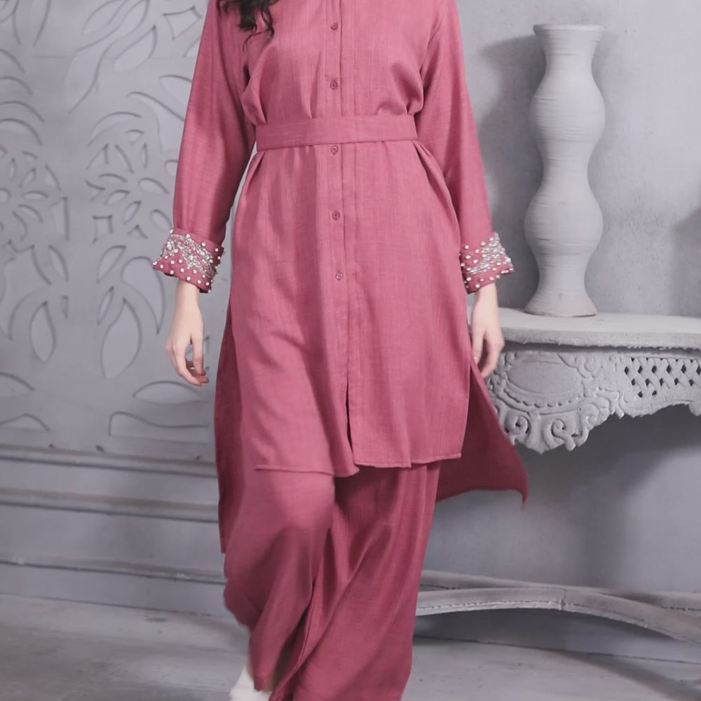 
                  
                    Load and play video in Gallery viewer, Modest Co-ord Set in Magenta Pink with Hand Embroidery
                  
                