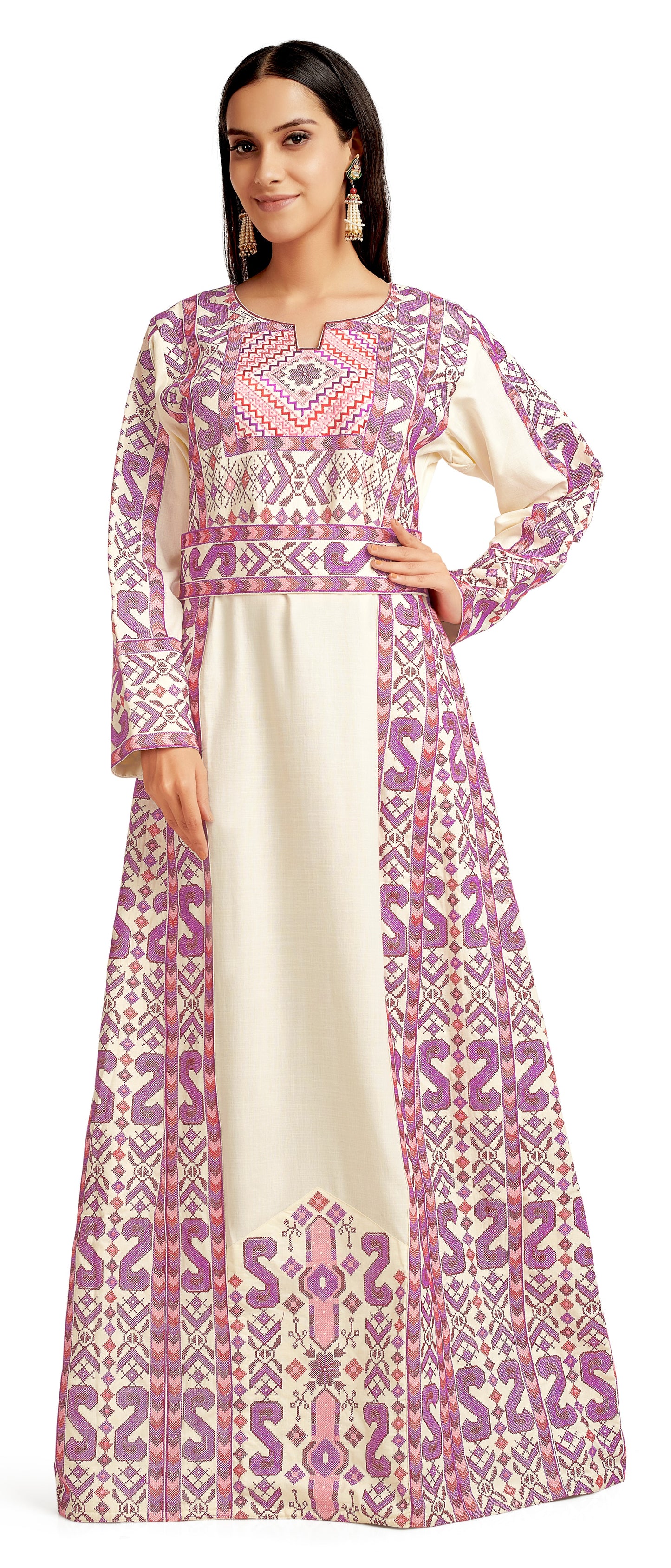 Palestine Pink Cross Stitch Threadwork Kaftan - Maxim Creation