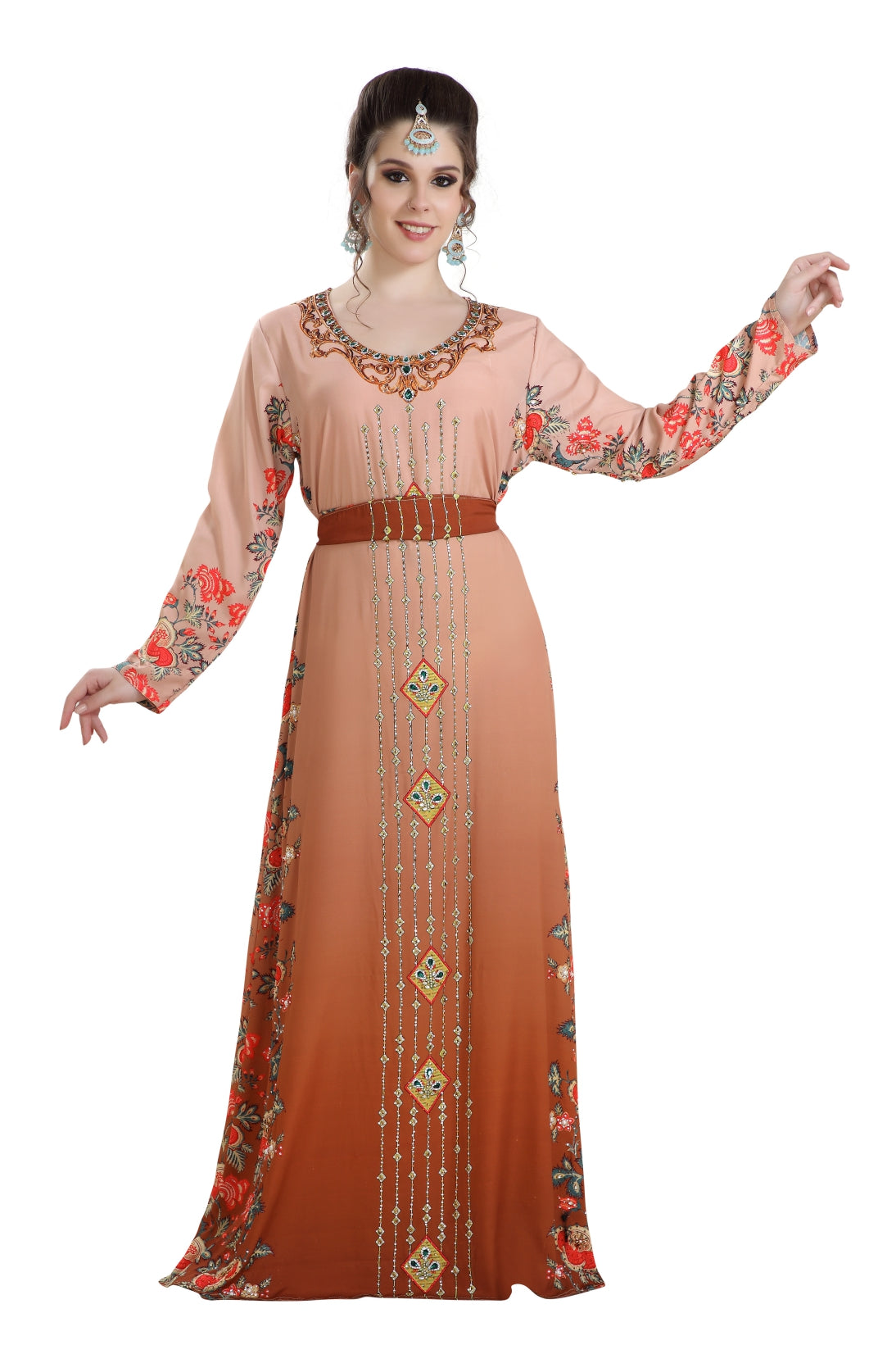 Dubai Kaftan Digital Printed Long Maxi Dress With Crystals - Maxim Creation