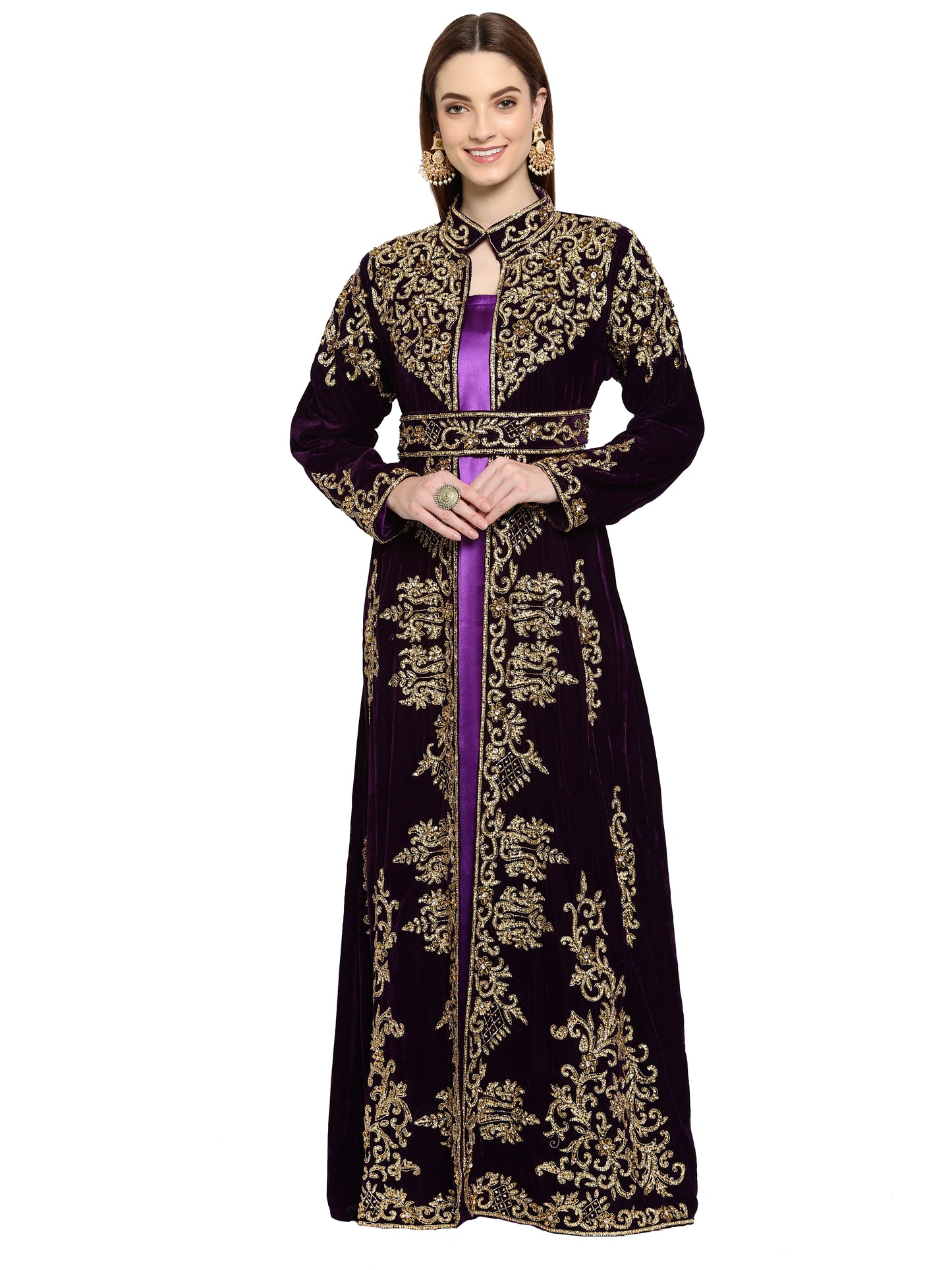 Wedding Gown Hand Embroidered Dress in Purple Velvet - Maxim Creation