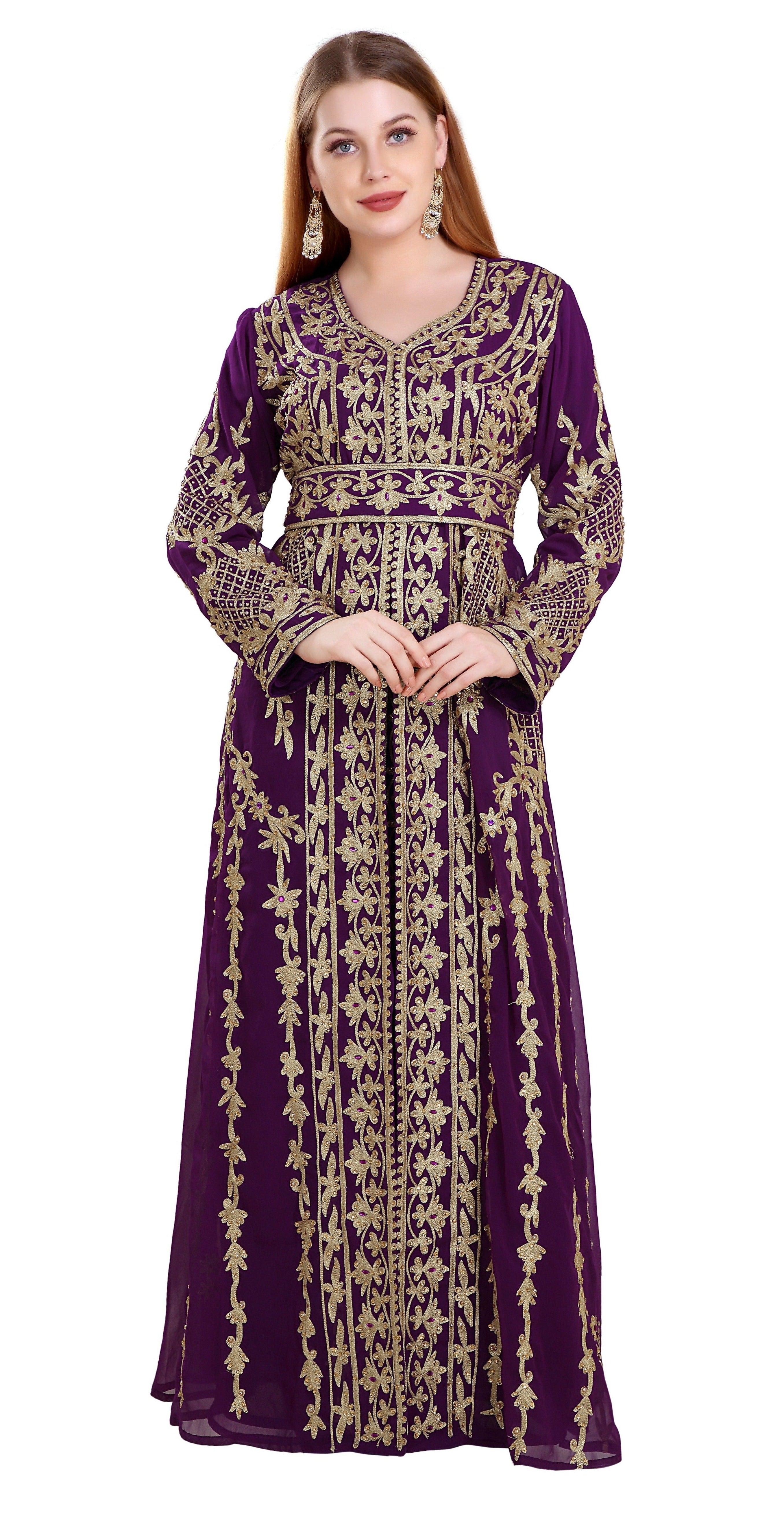 Fancy Gold Embroidery Great for Wedding Bridesmaid Bright Purple Caftan Dress With Party Summer Kaftan Maxi Dress smaller top Size Caftan Dress