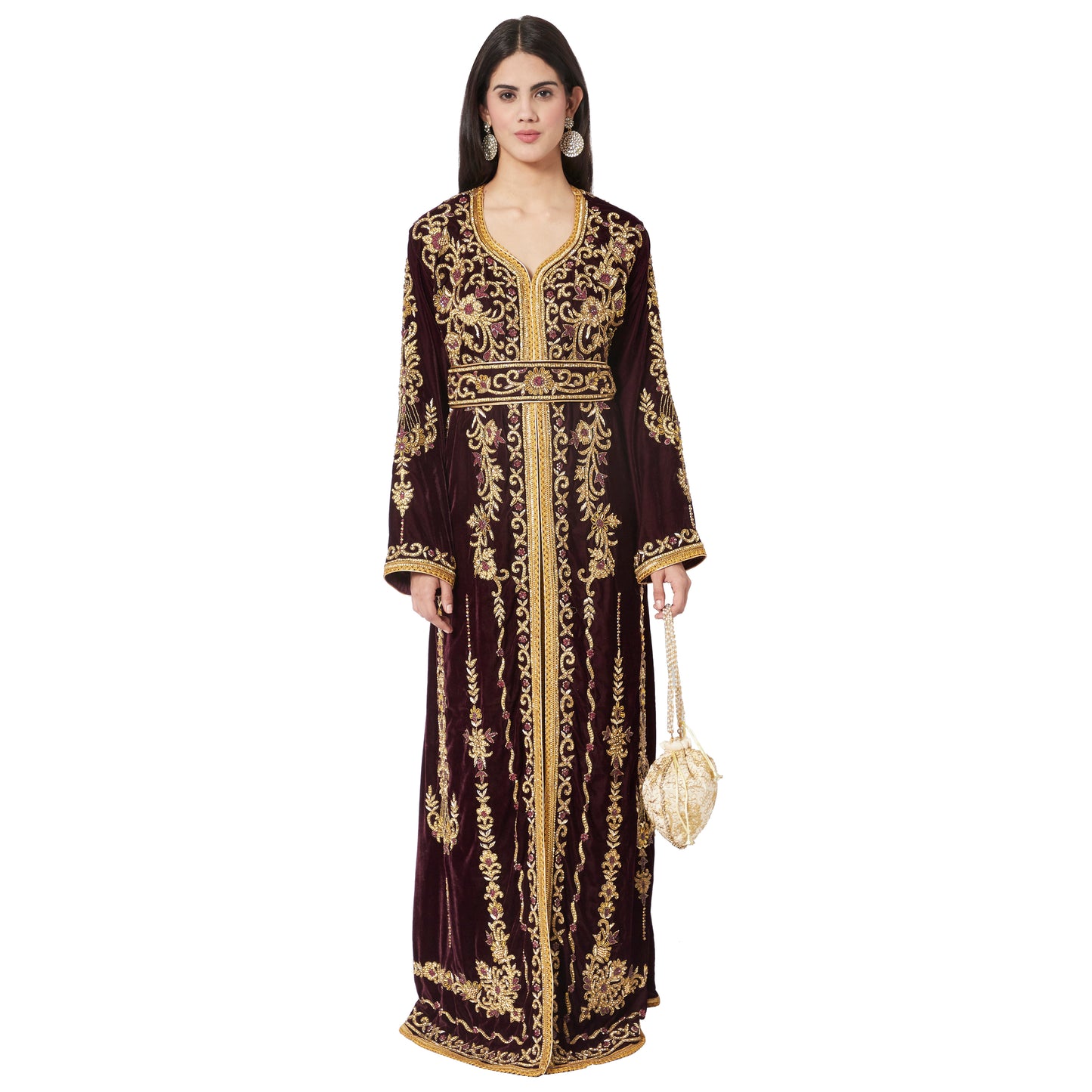 Takchita Caftan Wine Velvet Party Gown Evening Kaftan - Maxim Creation