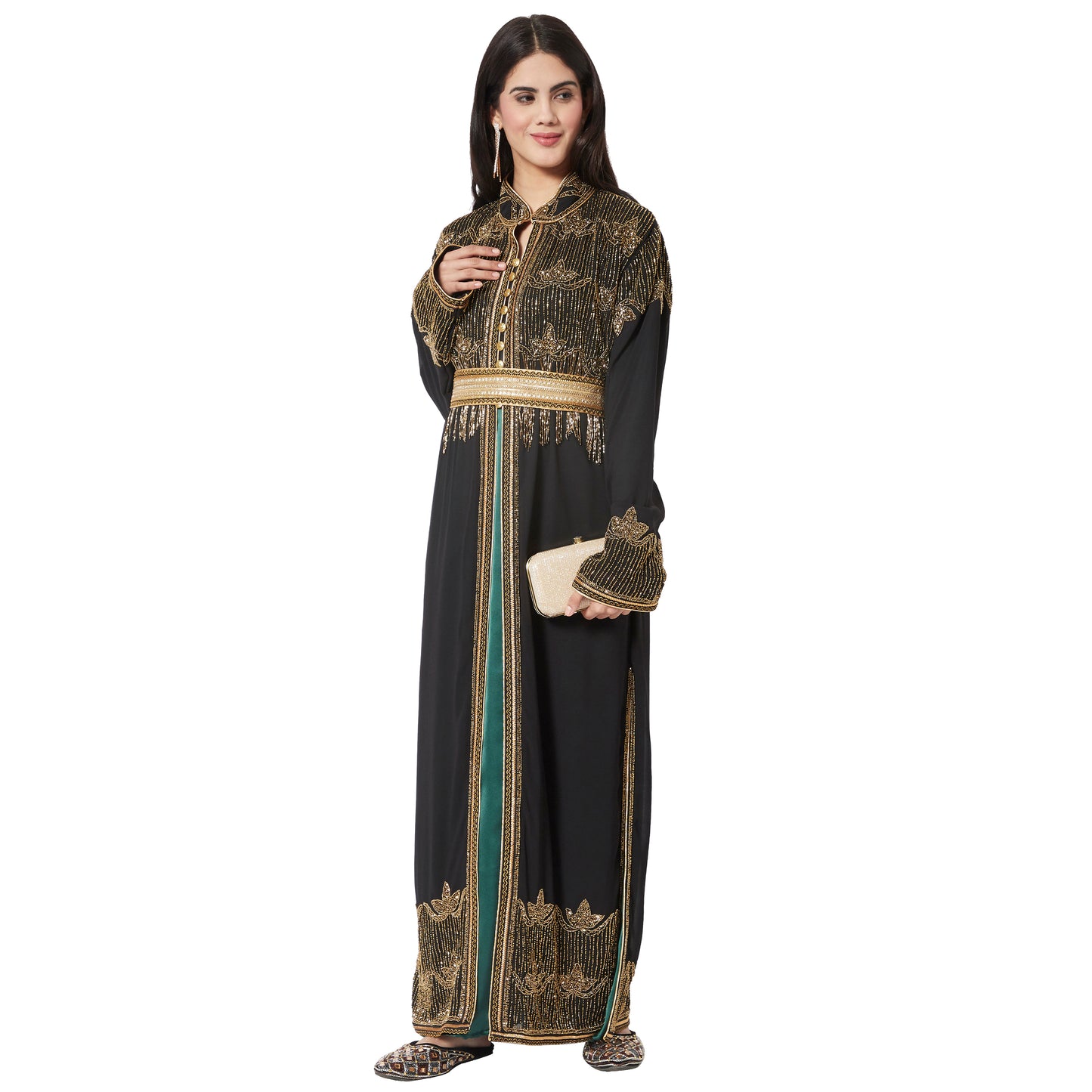 Embroidered Long Cardigan with Golden Hand Work Dress - Maxim Creation