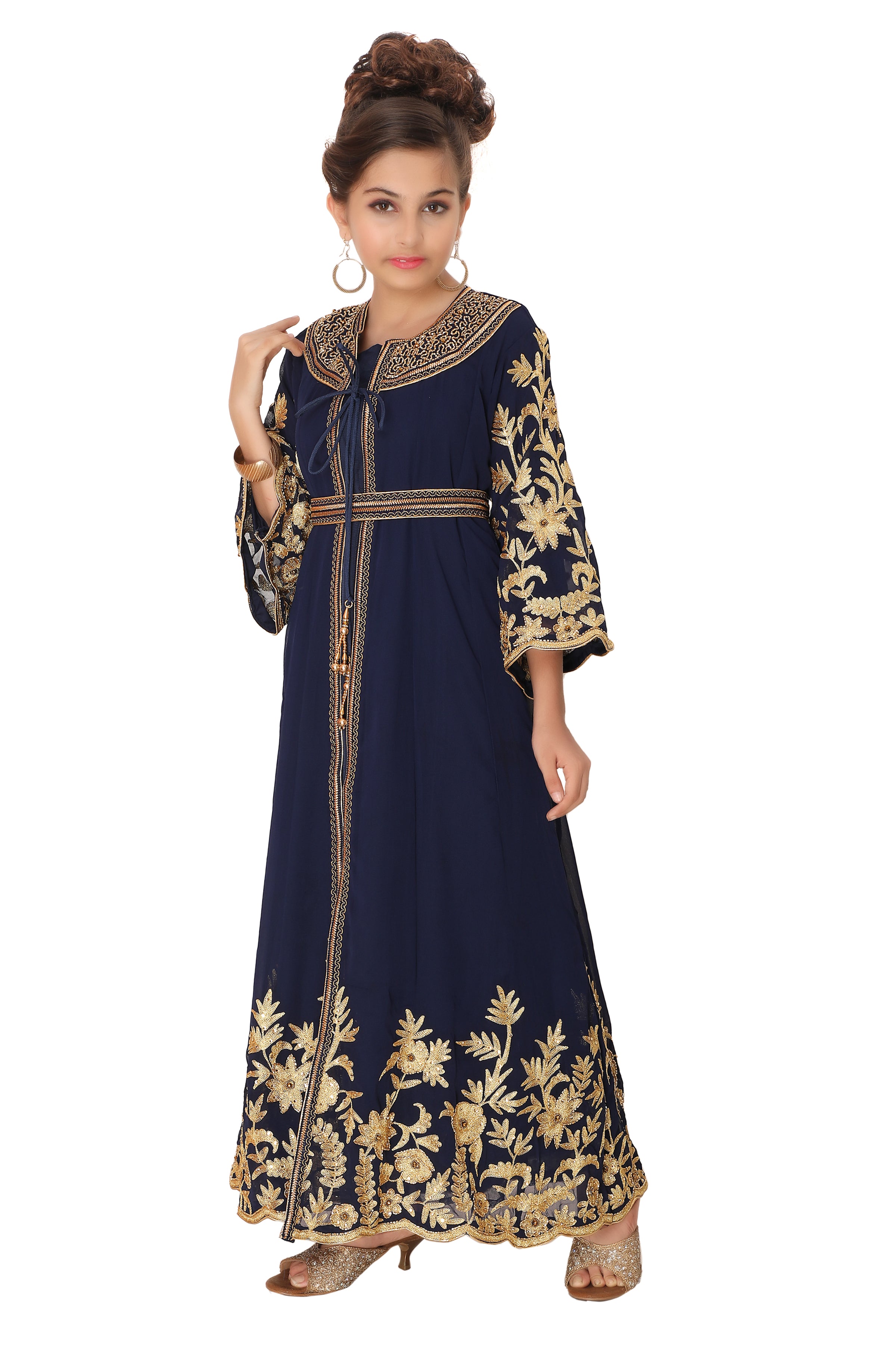 Dark newest Blue Color Hand Beaded Kids Kaftan