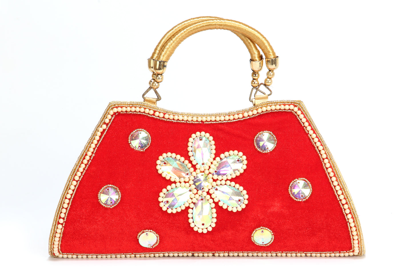 Red Velvet Heavy Work Shell & Stone Embellished Traditional Hand Bag |  EST-RSN-105 | Cilory.com
